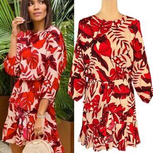 Johanna Ortiz X H&M Flounced Floral Mini Dress Sz.S Red Ruffle Blogger Fav